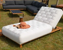 Meuble House Chaise longue ultra confort teck tissu Sunbrella blanc cassé "Lombok" Outlet