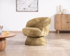 Meuble House Chauffeuse design enveloppant sur pied 360° en tissu chenillé vert doré 