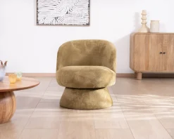 Meuble House Chauffeuse design enveloppant sur pied 360° en tissu chenillé vert doré 