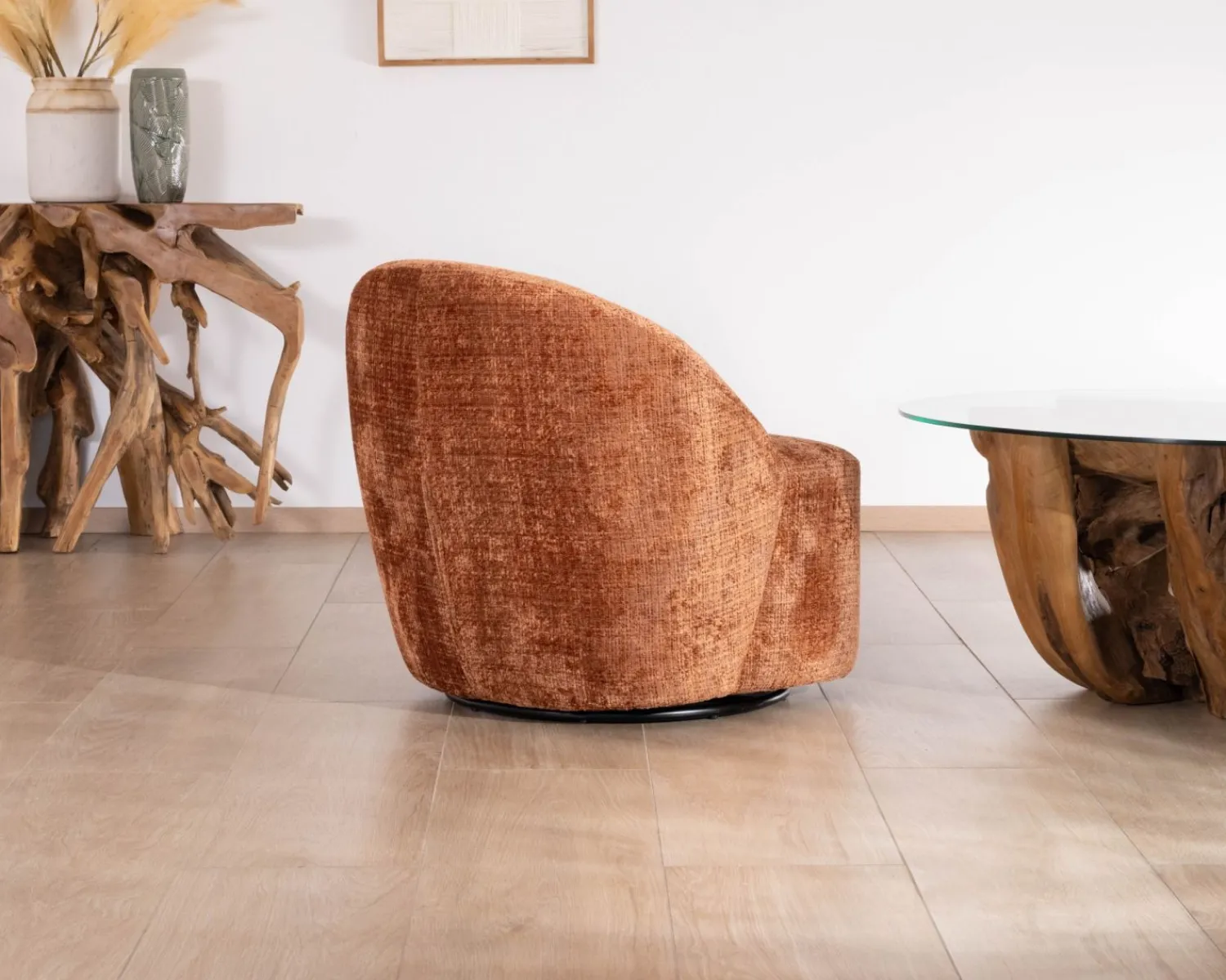 Meuble House Chauffeuse design et cosy en tissu bouclette coloris terre de sienne "Marylin" pied rotatif 360° Sale