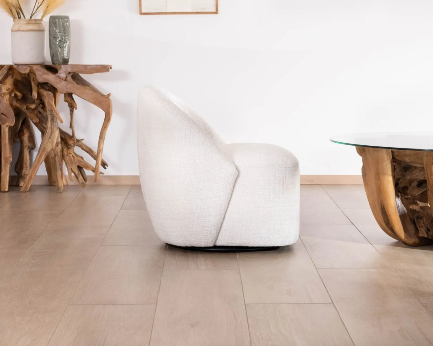 Meuble House Chauffeuse pivotante 360° design épuré en tissu blanc "Marylin" Outlet