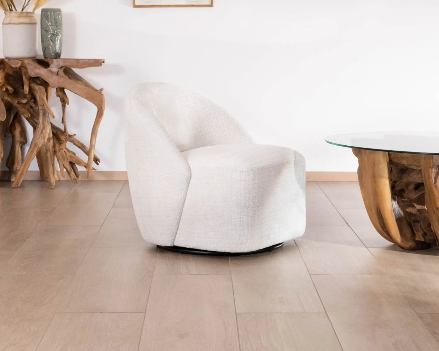 Meuble House Chauffeuse pivotante 360° design épuré en tissu blanc "Marylin" Outlet