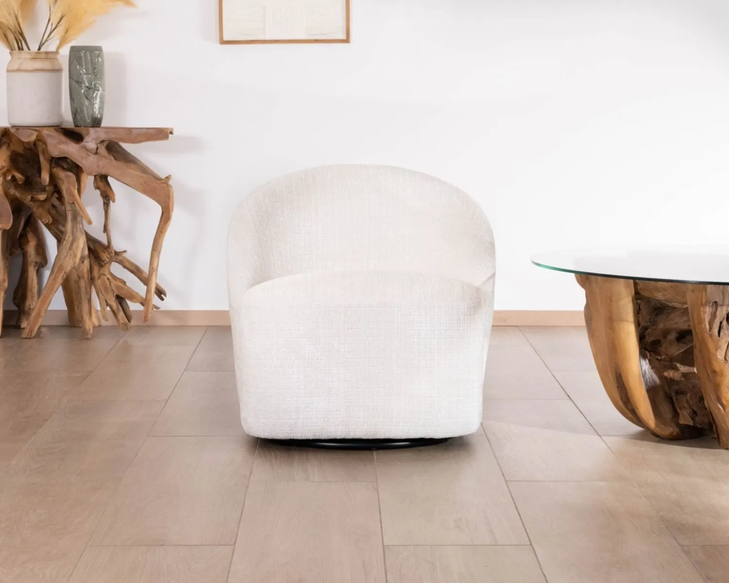 Meuble House Chauffeuse pivotante 360° design épuré en tissu blanc "Marylin" Outlet