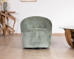 Meuble House Chauffeuse pivotante en tissu bouclette soyeux vert sauge 
