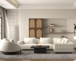 Meuble House Chauffeuse ronde 120 cm en tissu blanc chiné et coussins velours côtelé "Sweet Culture" Sale