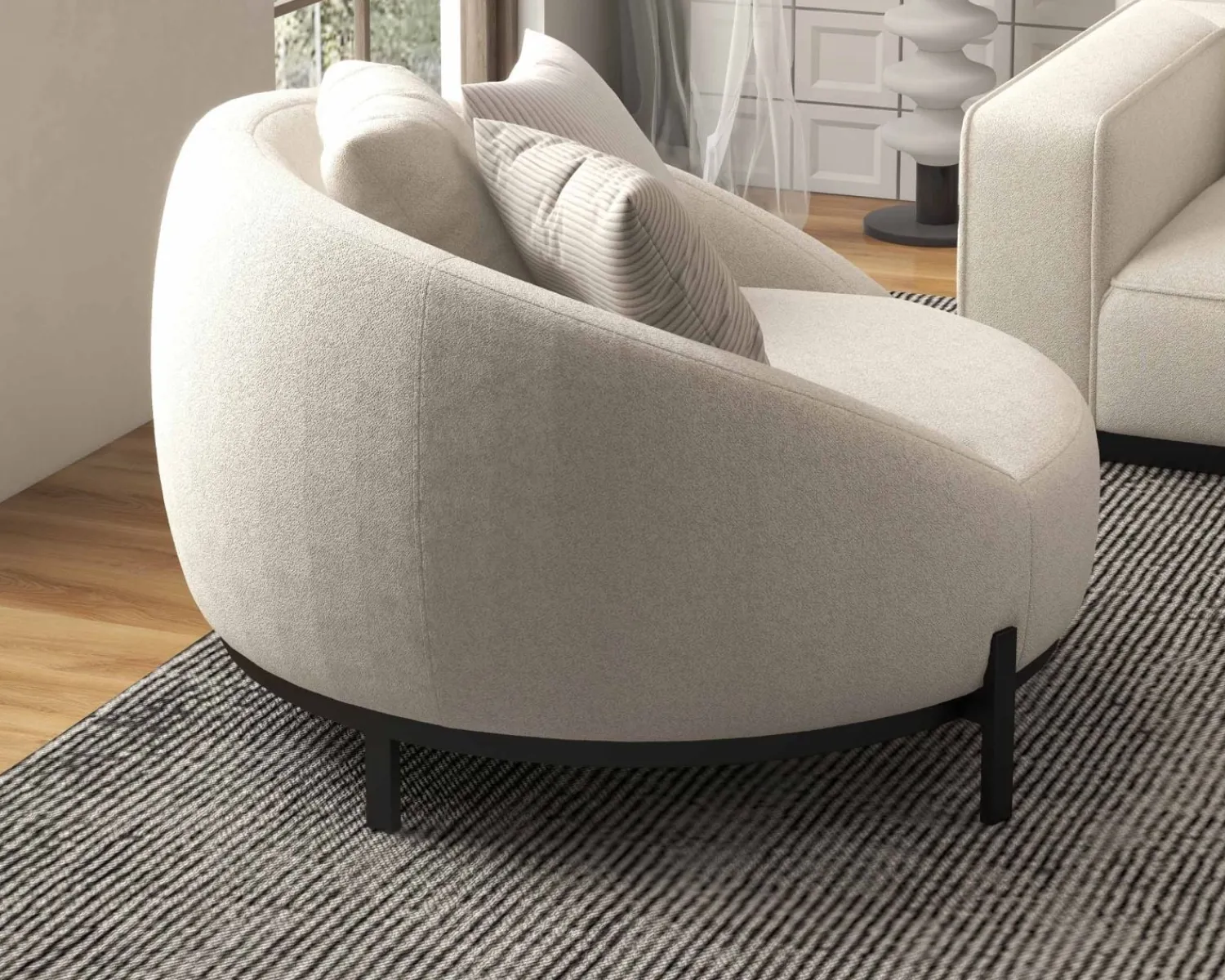 Meuble House Chauffeuse ronde 120 cm en tissu blanc chiné et coussins velours côtelé "Sweet Culture" Sale