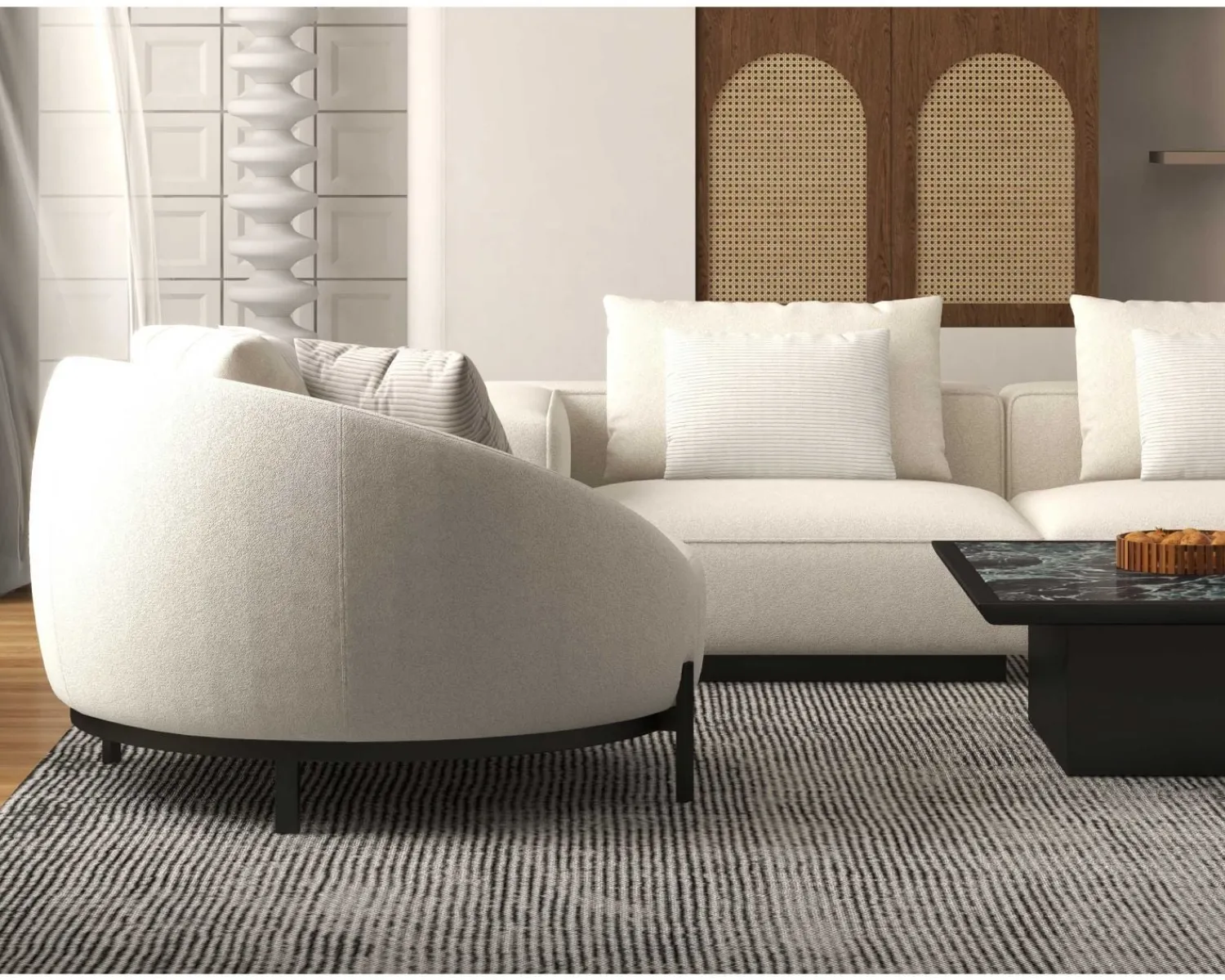 Meuble House Chauffeuse ronde 120 cm en tissu blanc chiné et coussins velours côtelé "Sweet Culture" Sale