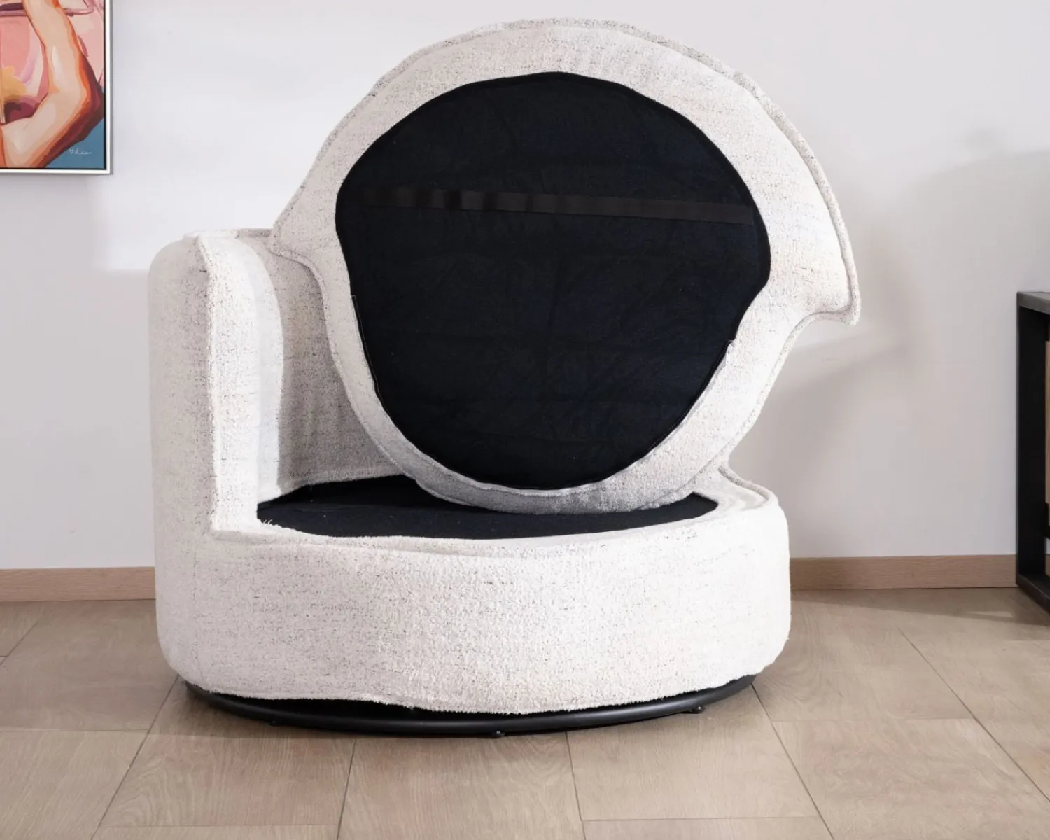 Meuble House Chauffeuse ronde pivotante 360° "CosyPop" en tissu bouclette blanc chiné Outlet