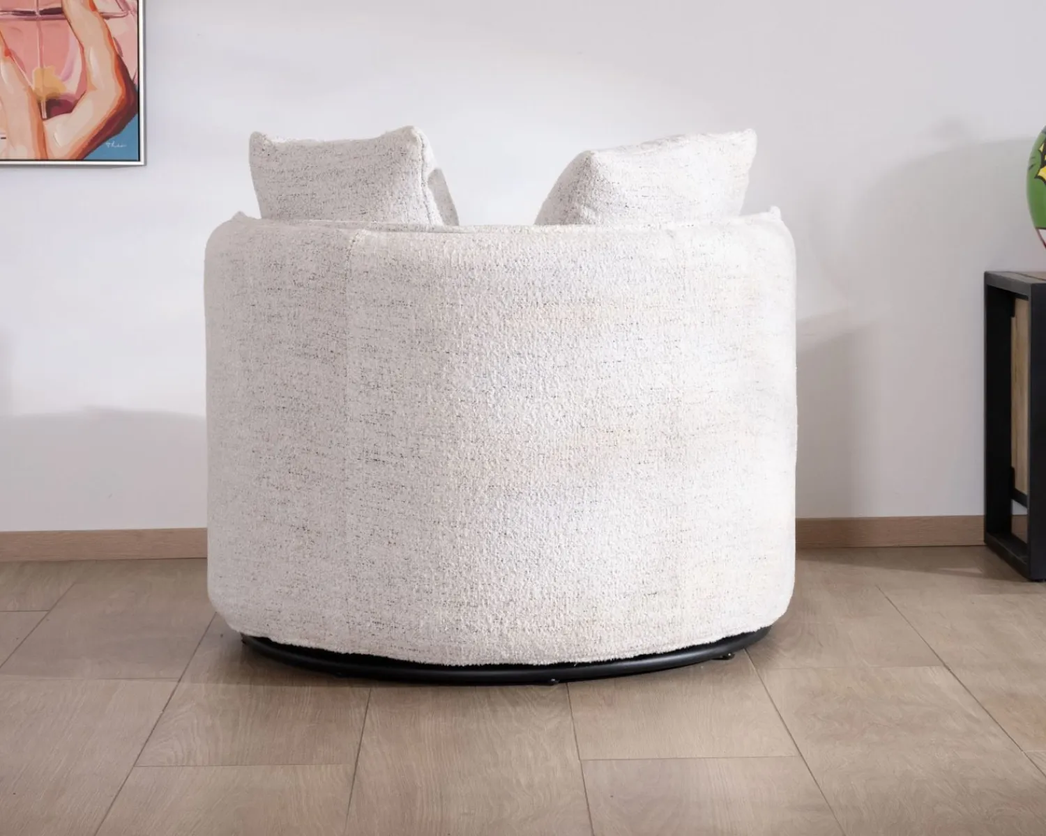 Meuble House Chauffeuse ronde pivotante 360° "CosyPop" en tissu bouclette blanc chiné Outlet