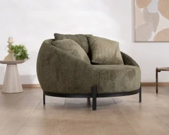 Meuble House Chauffeuse ronde XL ultra confort en tissu bouclette vert kaki "Sweet Culture" avec déclinaison de coussins New