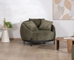 Meuble House Chauffeuse ronde XL ultra confort en tissu bouclette vert kaki