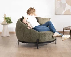 Meuble House Chauffeuse ronde XL ultra confort en tissu bouclette vert kaki