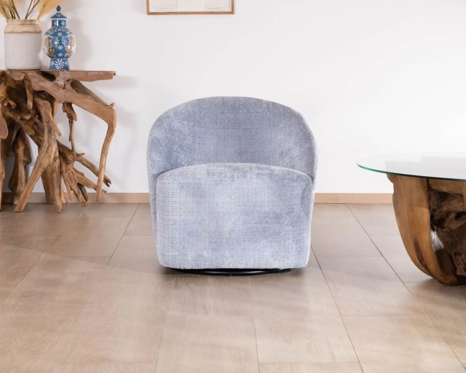 Meuble House Chauffeuse tournante design épuré en tissu bleu glacier "Marylin" Outlet