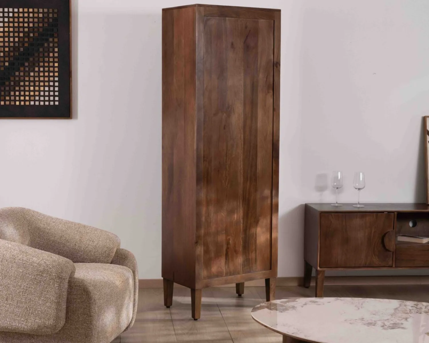 Meuble House Colonne de rangement rétro en manguier massif foncé 60 cm "Kaldo" Esprit mid-century Hot