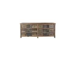 Meuble House Commode basse apothicaire 195cm "Népalaise" en bois recyclé 6 tiroirs Best