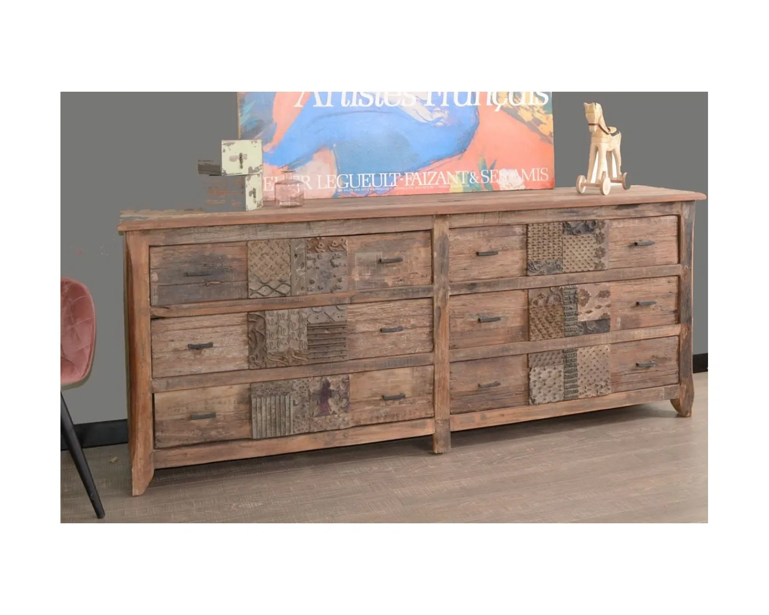 Meuble House Commode basse apothicaire 195cm "Népalaise" en bois recyclé 6 tiroirs Best