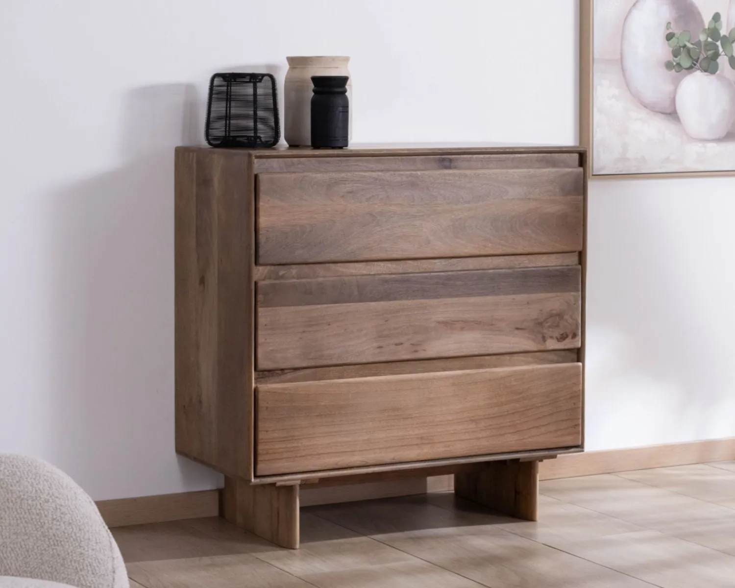 Meuble House Commode esprit Japandi en manguier massif "Geta" 3 tiroirs large ouverture Best