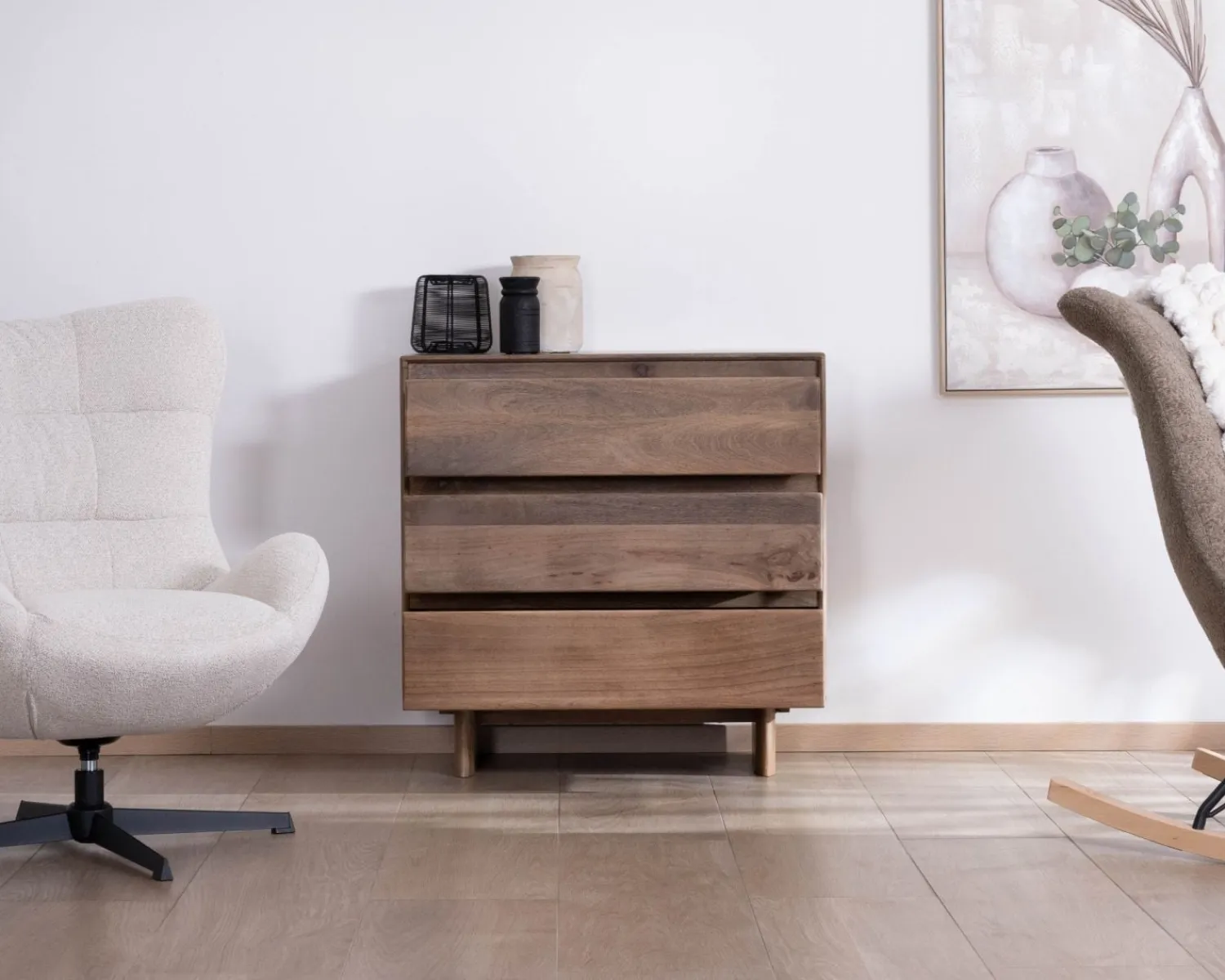Meuble House Commode esprit Japandi en manguier massif "Geta" 3 tiroirs large ouverture Best