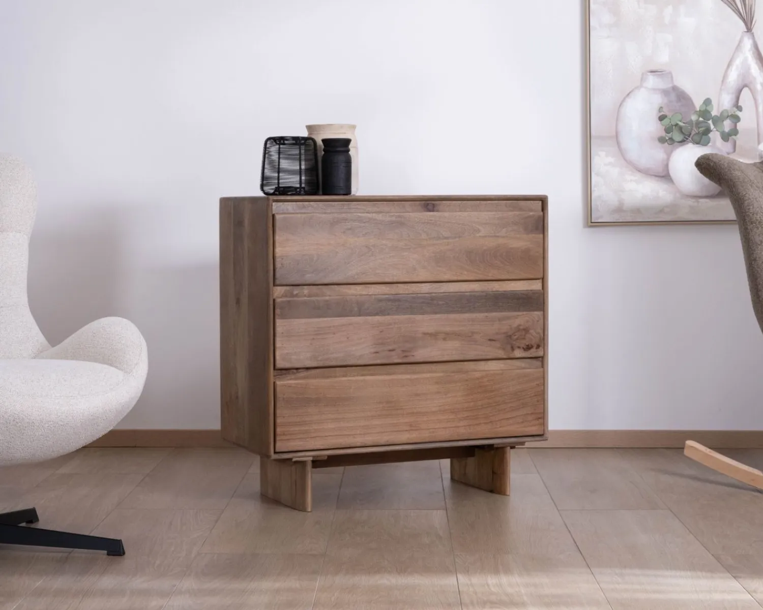 Meuble House Commode esprit Japandi en manguier massif "Geta" 3 tiroirs large ouverture Best