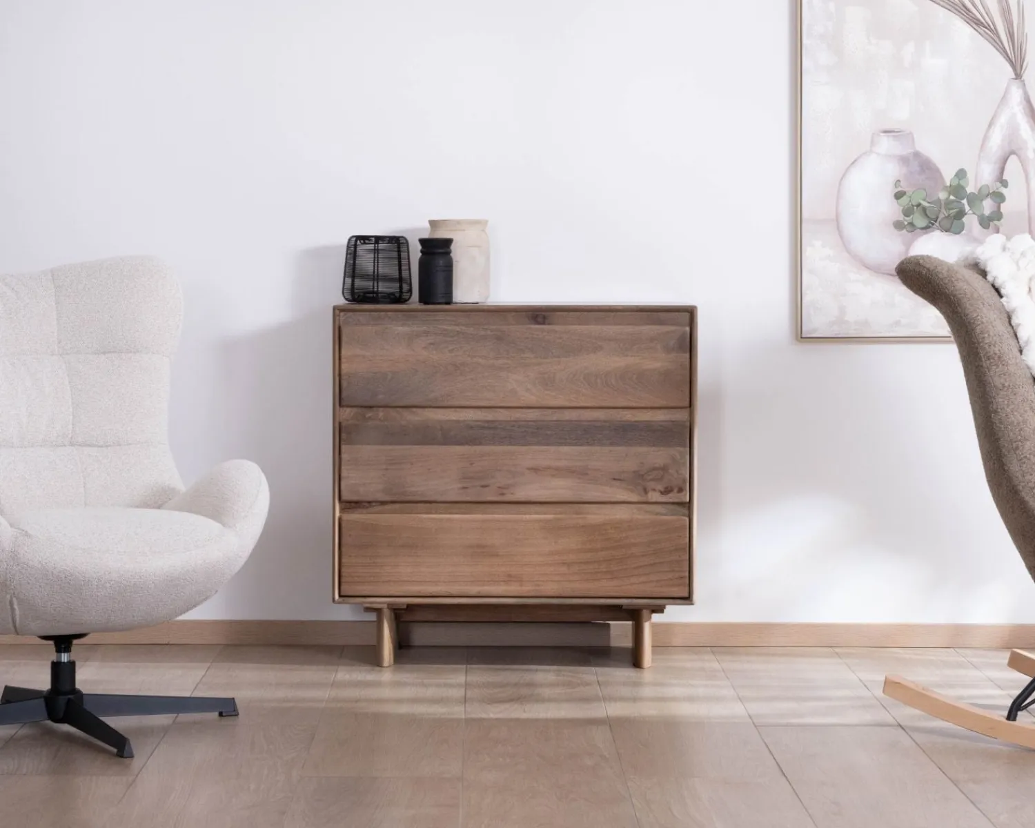Meuble House Commode esprit Japandi en manguier massif "Geta" 3 tiroirs large ouverture Best