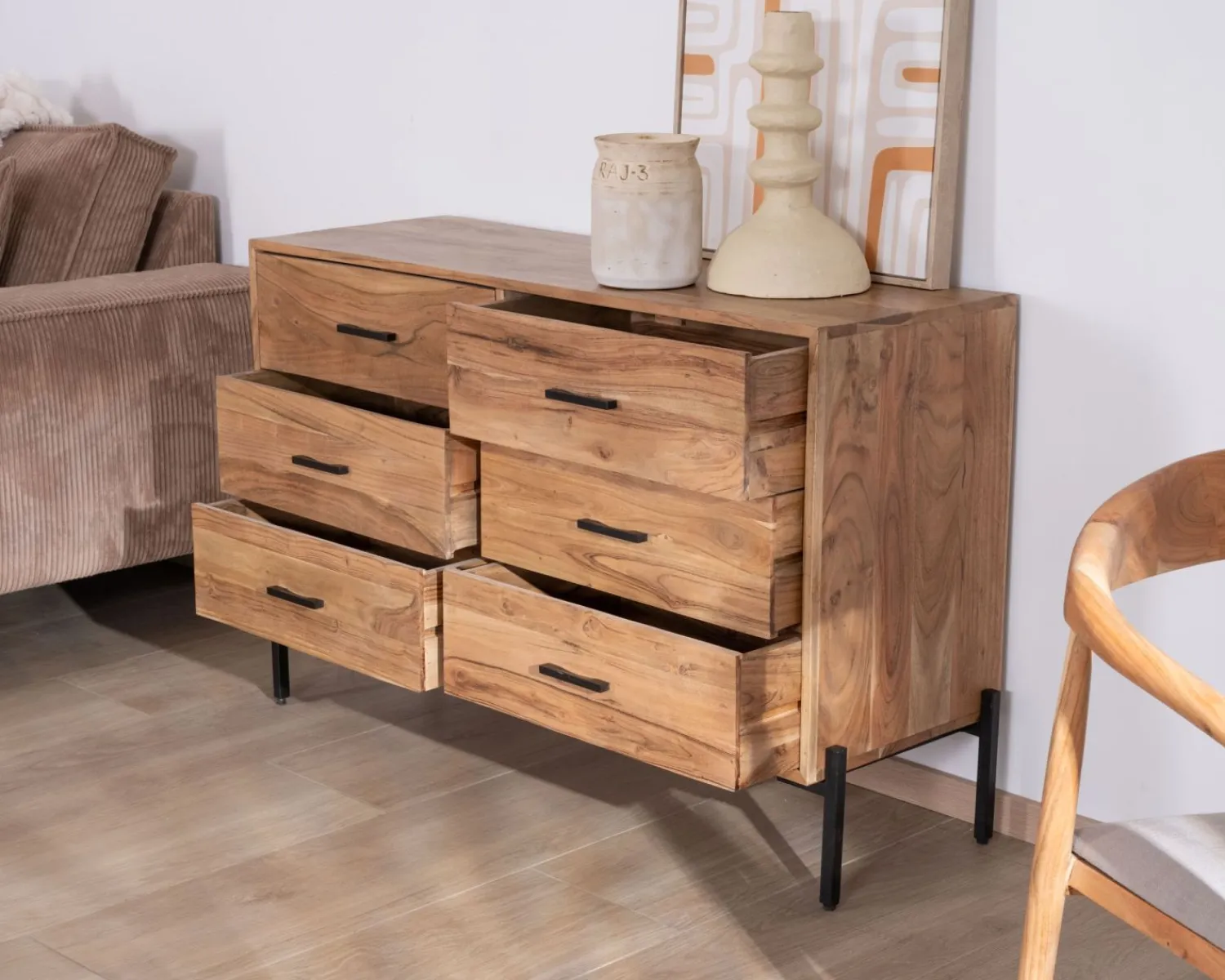 Meuble House Commode 6 tiroirs "Conoa" acacia et pieds métal noir Best