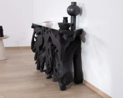Meuble House Console 150 cm en racine de teck teintée noir avec plateau verre "Jungle" Hot