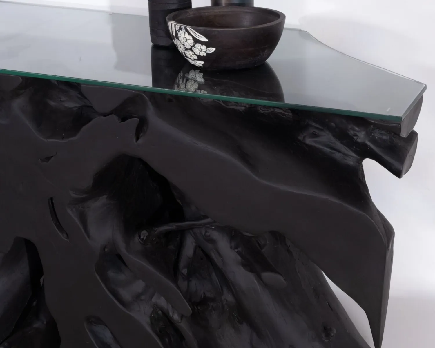 Meuble House Console 150 cm en racine de teck teintée noir avec plateau verre "Jungle" Hot