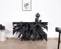 Meuble House Console 150 cm en racine de teck teintée noir avec plateau verre