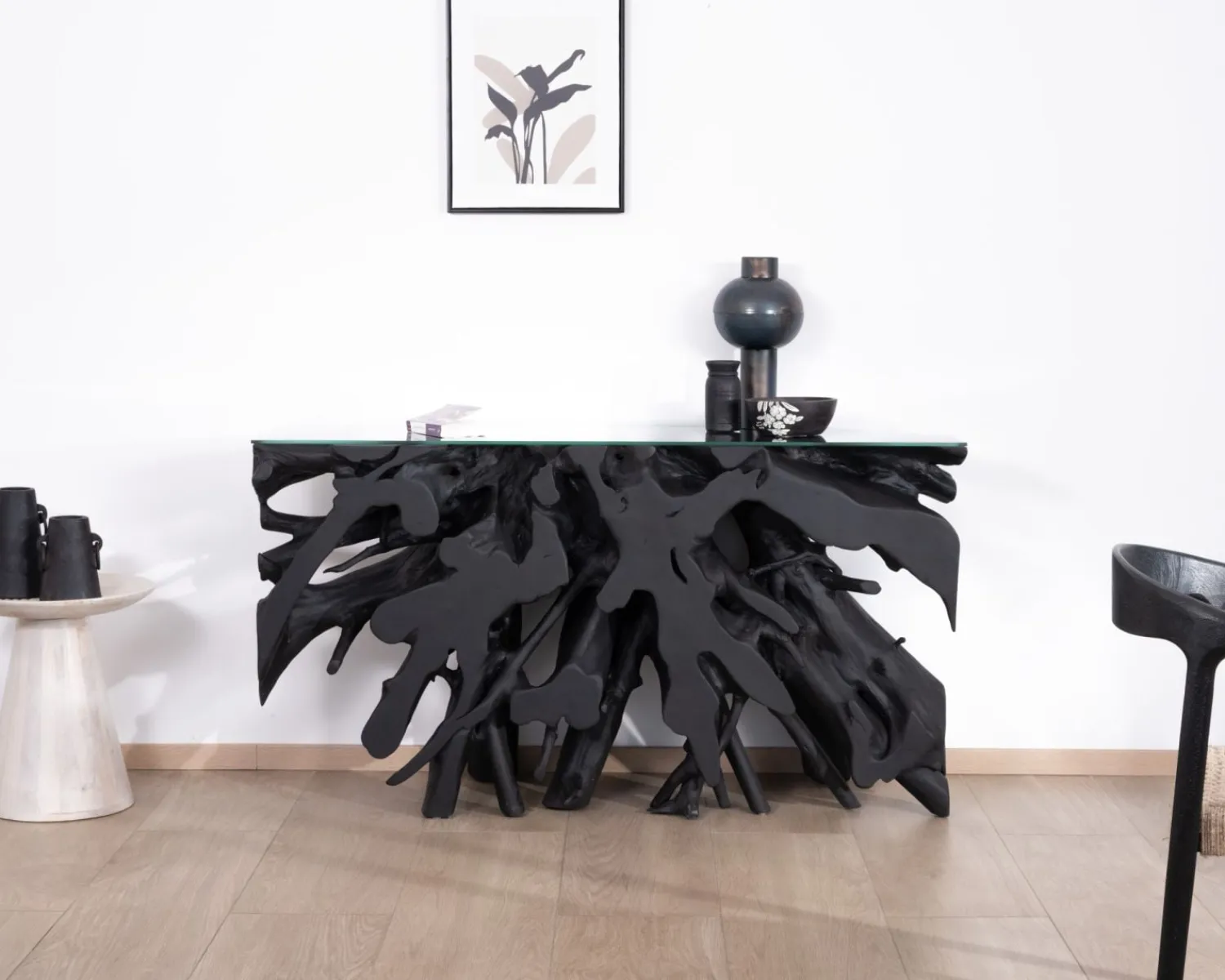 Meuble House Console 150 cm en racine de teck teintée noir avec plateau verre "Jungle" Hot