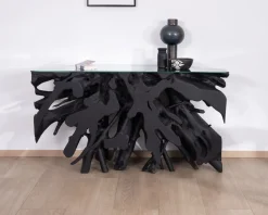 Meuble House Console 150 cm en racine de teck teintée noir avec plateau verre