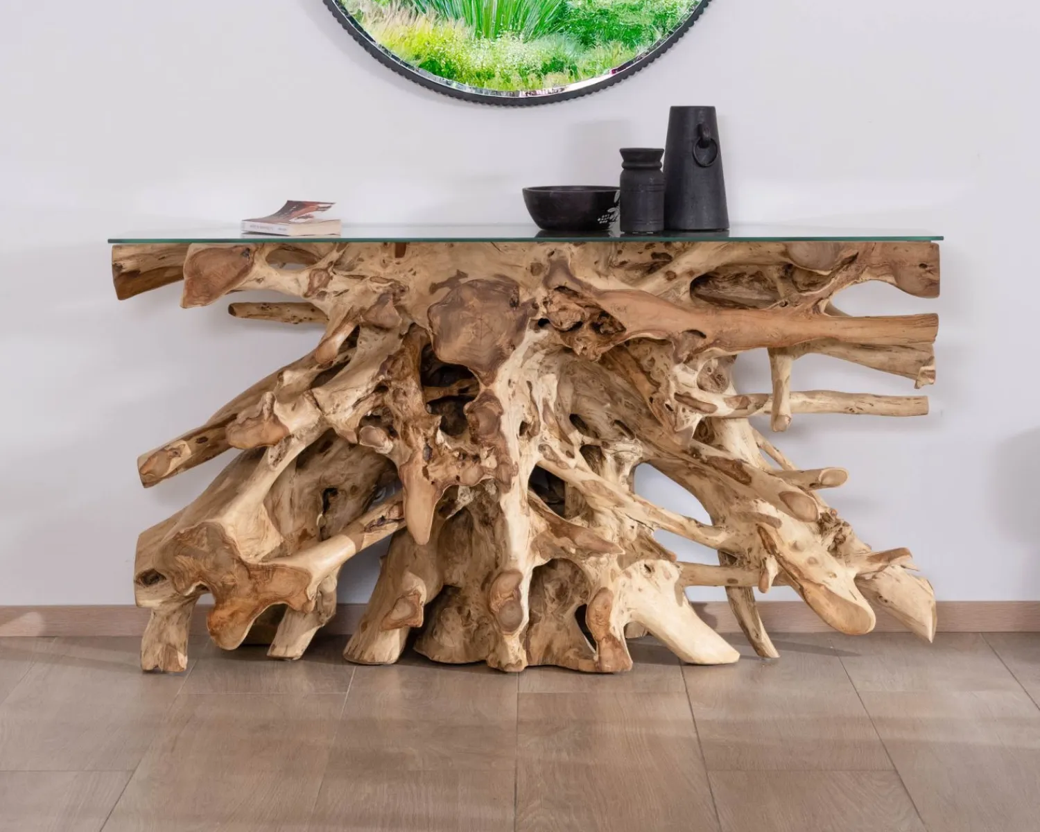 Meuble House Console en racine de teck naturel avec plateau verre "Jungle" Best