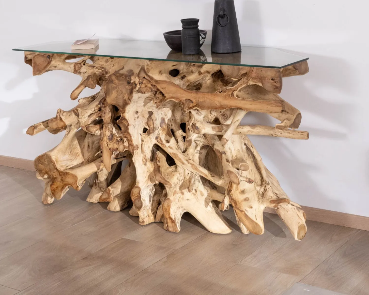 Meuble House Console en racine de teck naturel avec plateau verre "Jungle" Best