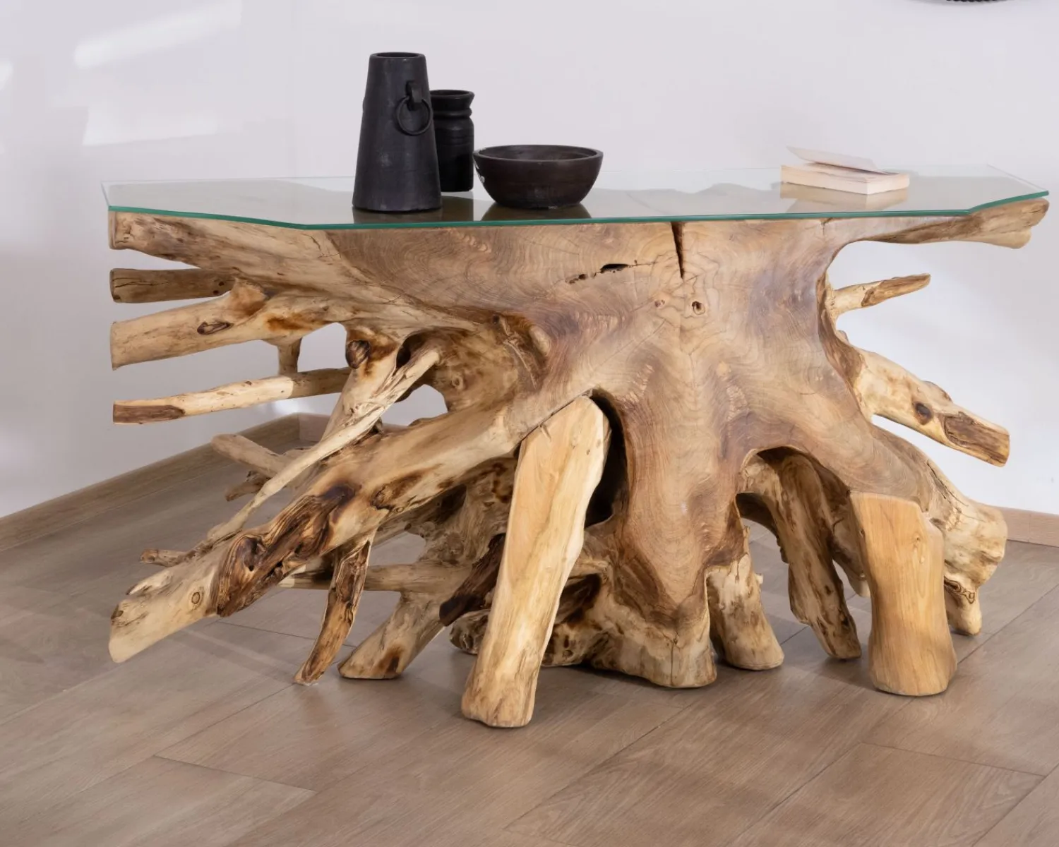 Meuble House Console en racine de teck naturel avec plateau verre "Jungle" Best