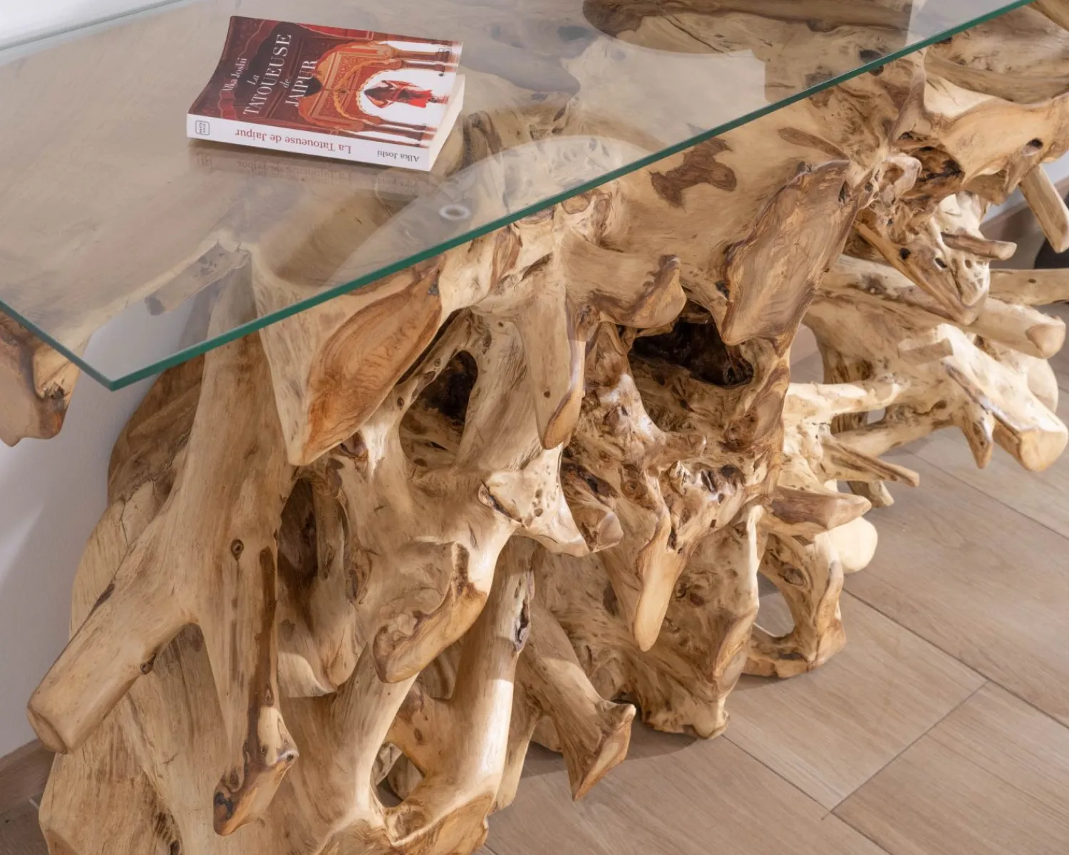 Meuble House Console en racine de teck naturel avec plateau verre "Jungle" Best