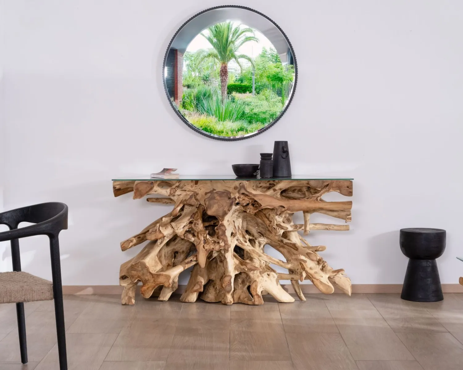 Meuble House Console en racine de teck naturel avec plateau verre "Jungle" Best