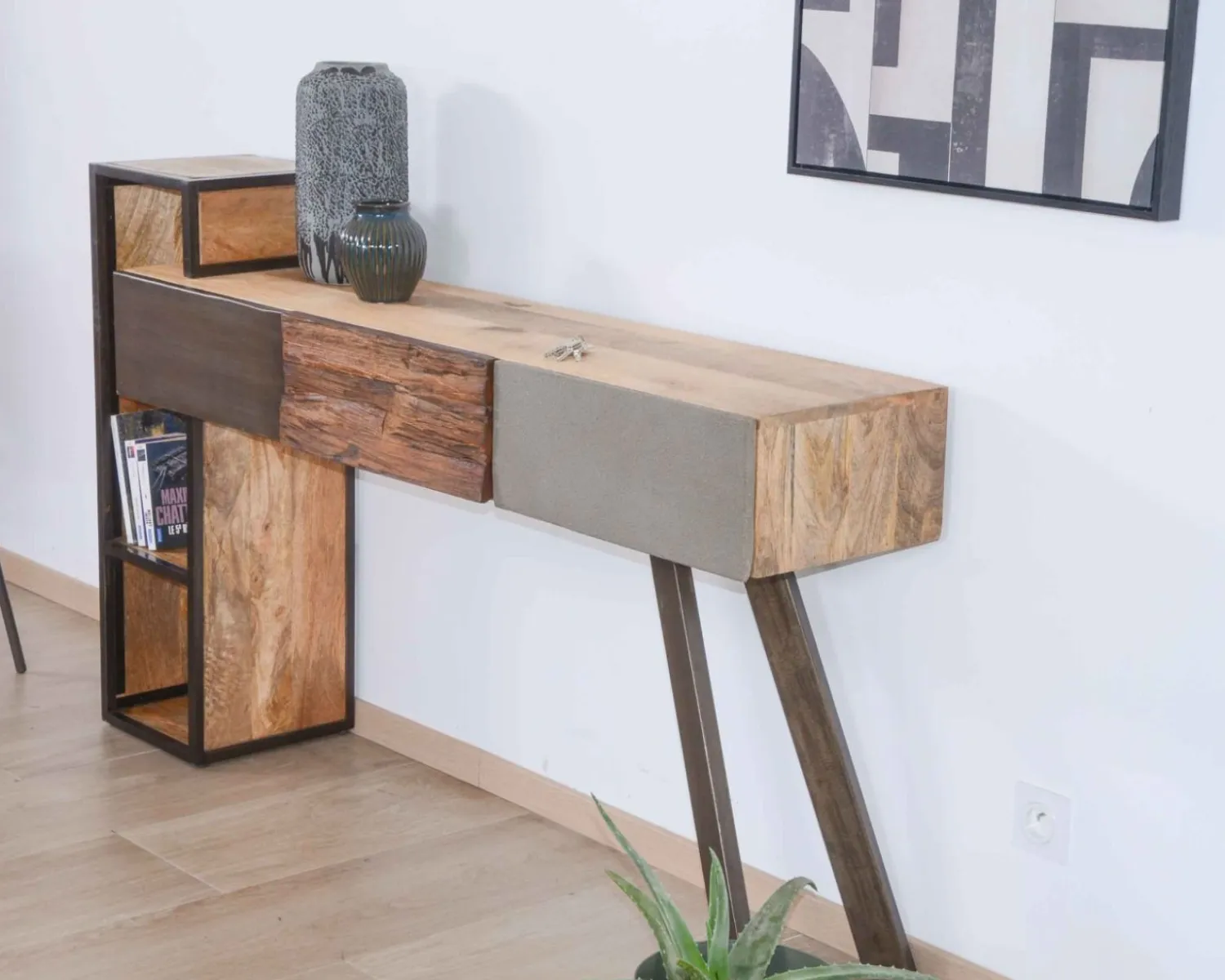 Meuble House Console moderne design avec rangements bois métal et ciment "Mezzo" New
