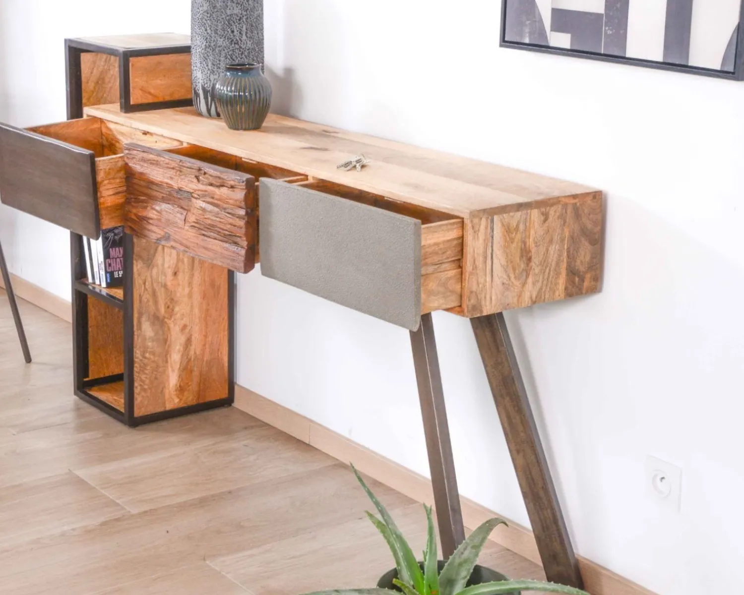 Meuble House Console moderne design avec rangements bois métal et ciment "Mezzo" New