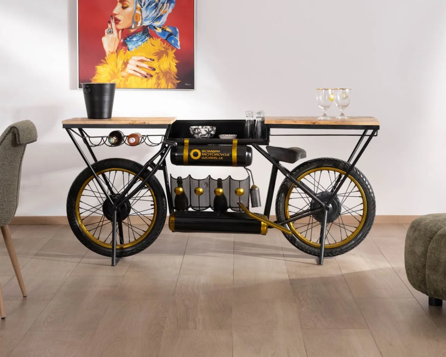Meuble House Console moto vintage ultra originale bois et métal noir "Crazy" Sale