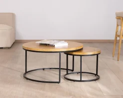 Meuble House Duo de tables basses gigognes "Calypso" en métal et plateaux en bois