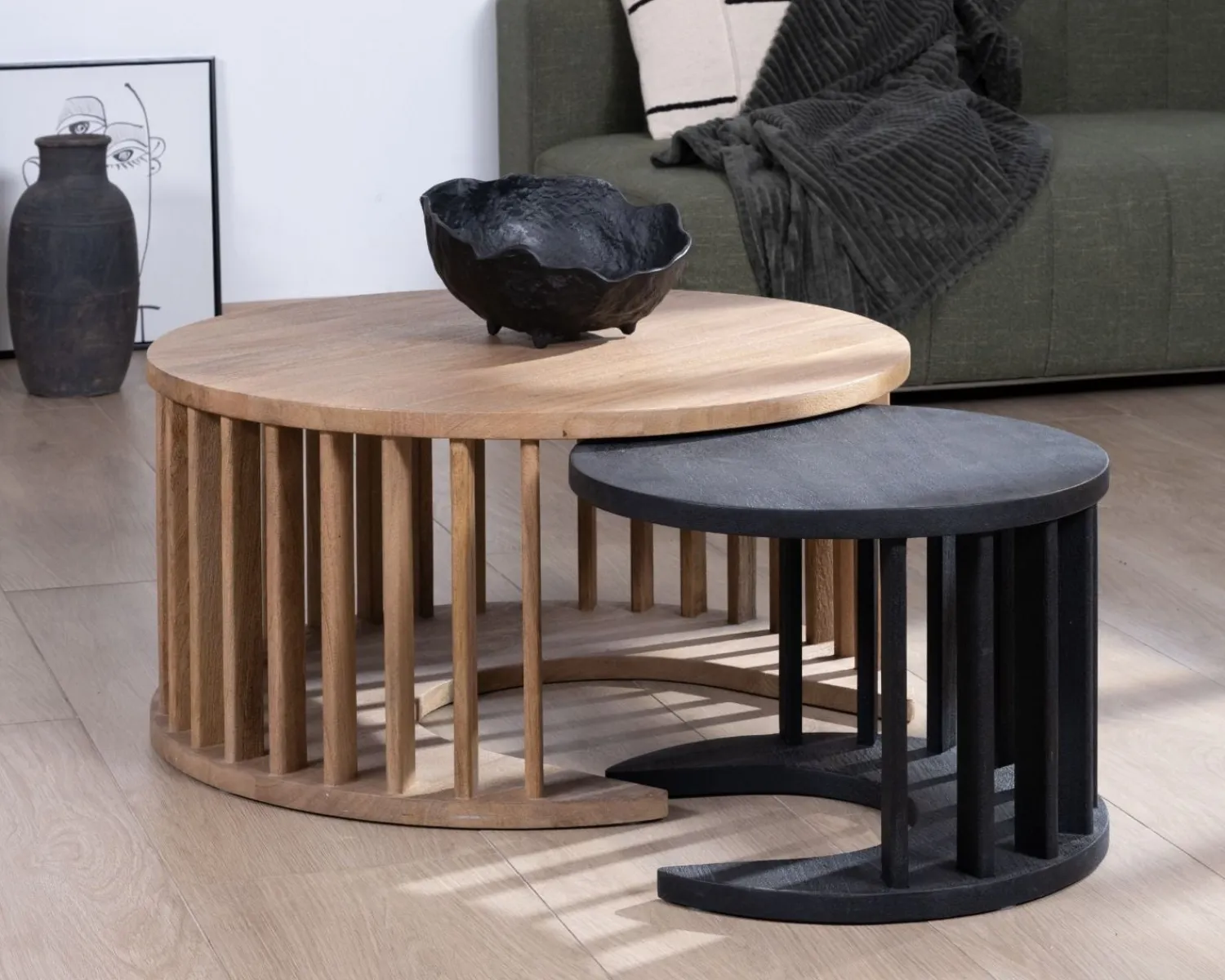 Meuble House Duo de tables basses rondes en manguier sablé marron et noir "Koneks" Hot