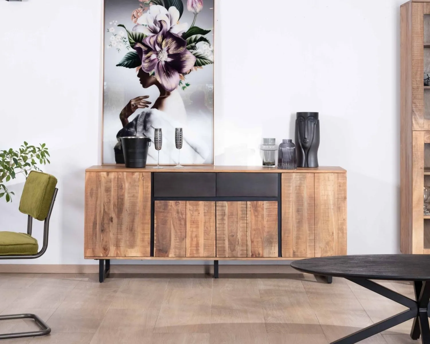 Meuble House Enfilade 175cm en acacia avec 2 tiroirs et pieds métal noirs "Bennett" Online