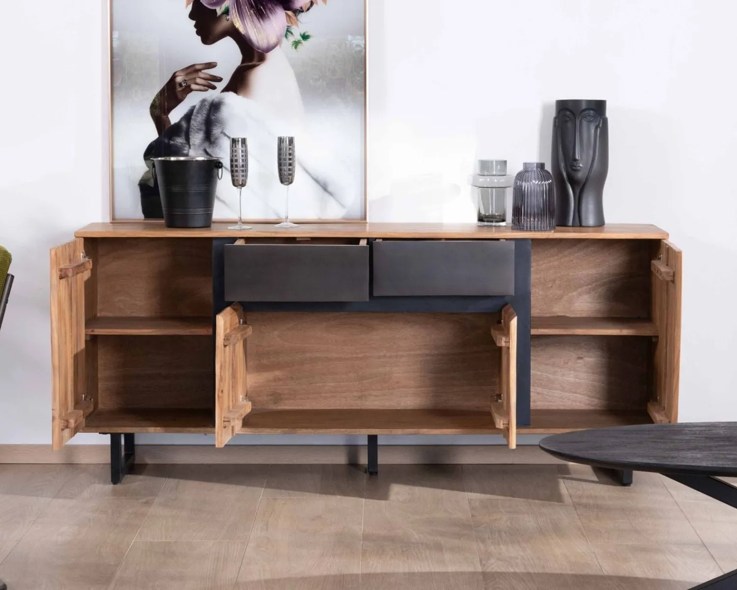 Meuble House Enfilade 175cm en acacia avec 2 tiroirs et pieds métal noirs "Bennett" Online