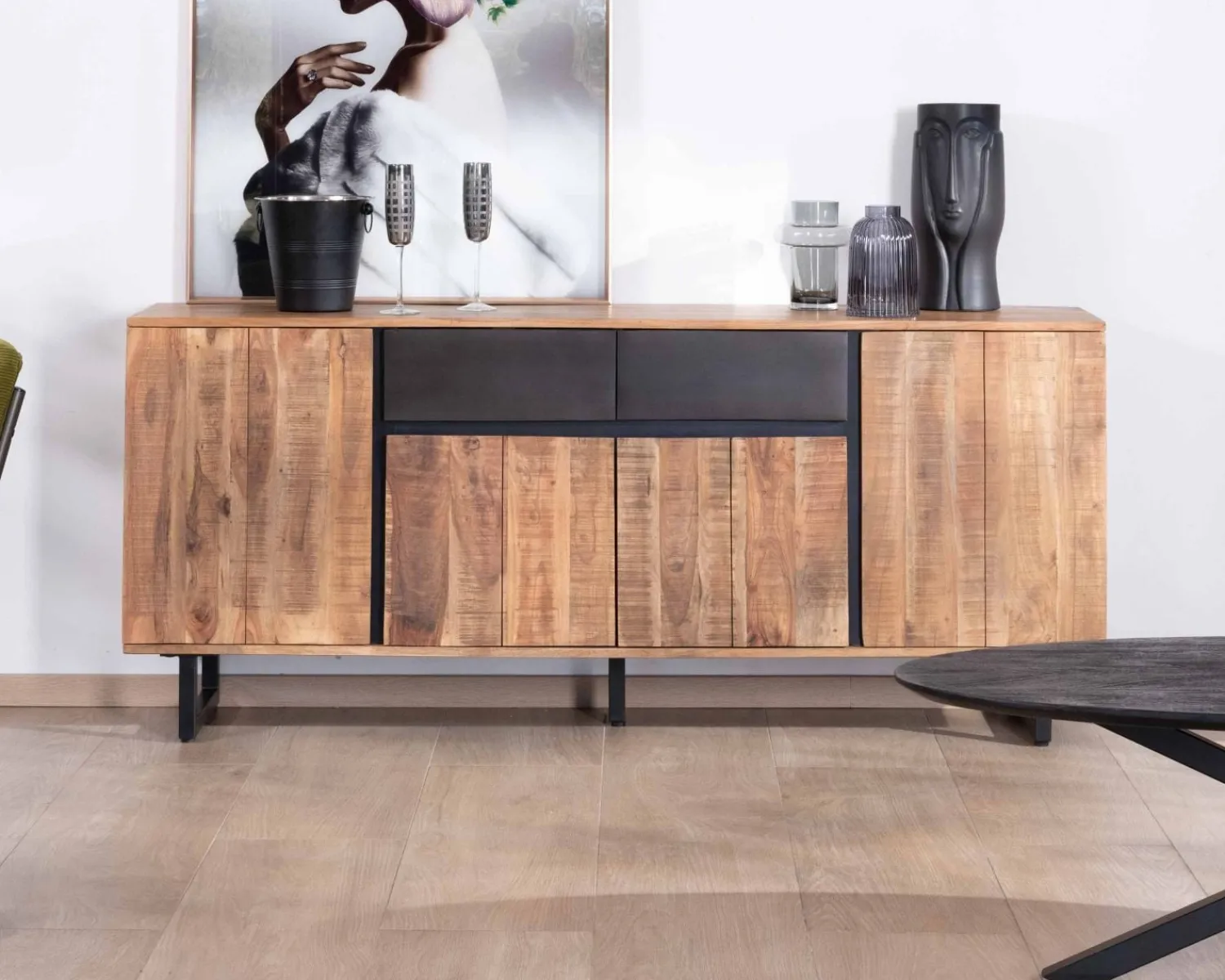 Meuble House Enfilade 175cm en acacia avec 2 tiroirs et pieds métal noirs "Bennett" Online