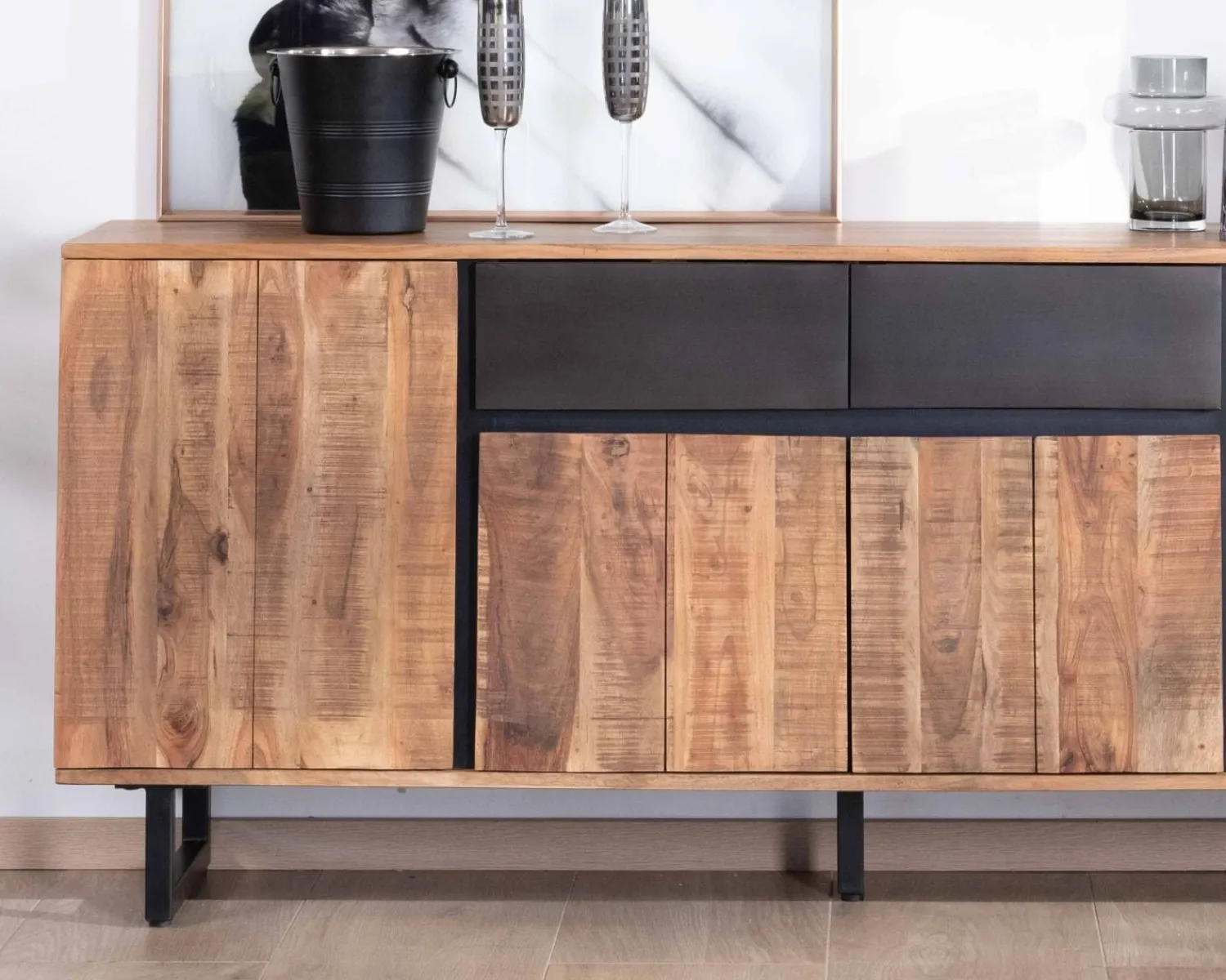 Meuble House Enfilade 175cm en acacia avec 2 tiroirs et pieds métal noirs "Bennett" Online