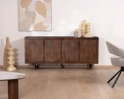 Meuble House Enfilade esprit rétro chic 4 portes 180 cm en manguier massif teinte noyer 