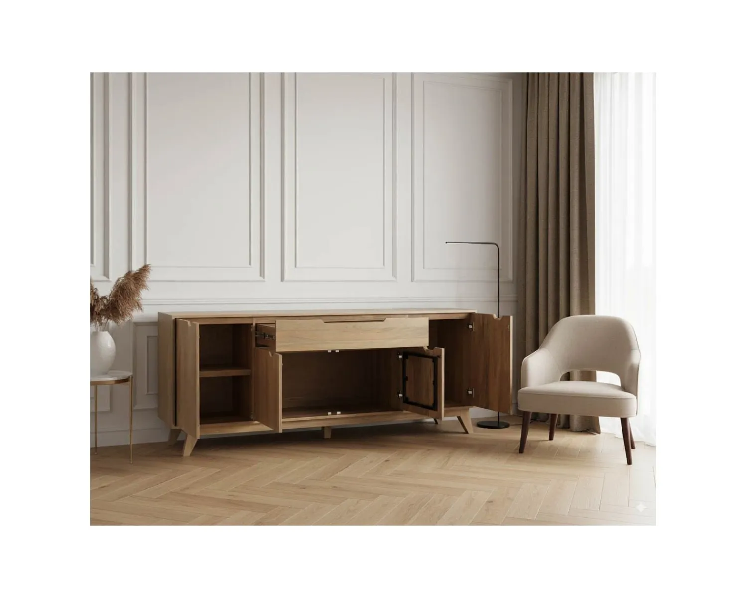 Meuble House Enfilade 4 portes 200 cm en manguier teinte noyer clair "Elyka" style scandinave Best