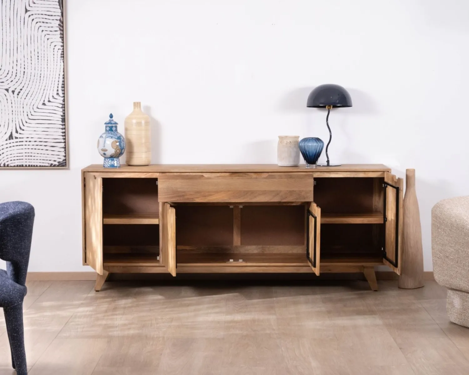 Meuble House Enfilade 4 portes 200 cm en manguier teinte noyer clair "Elyka" style scandinave Best