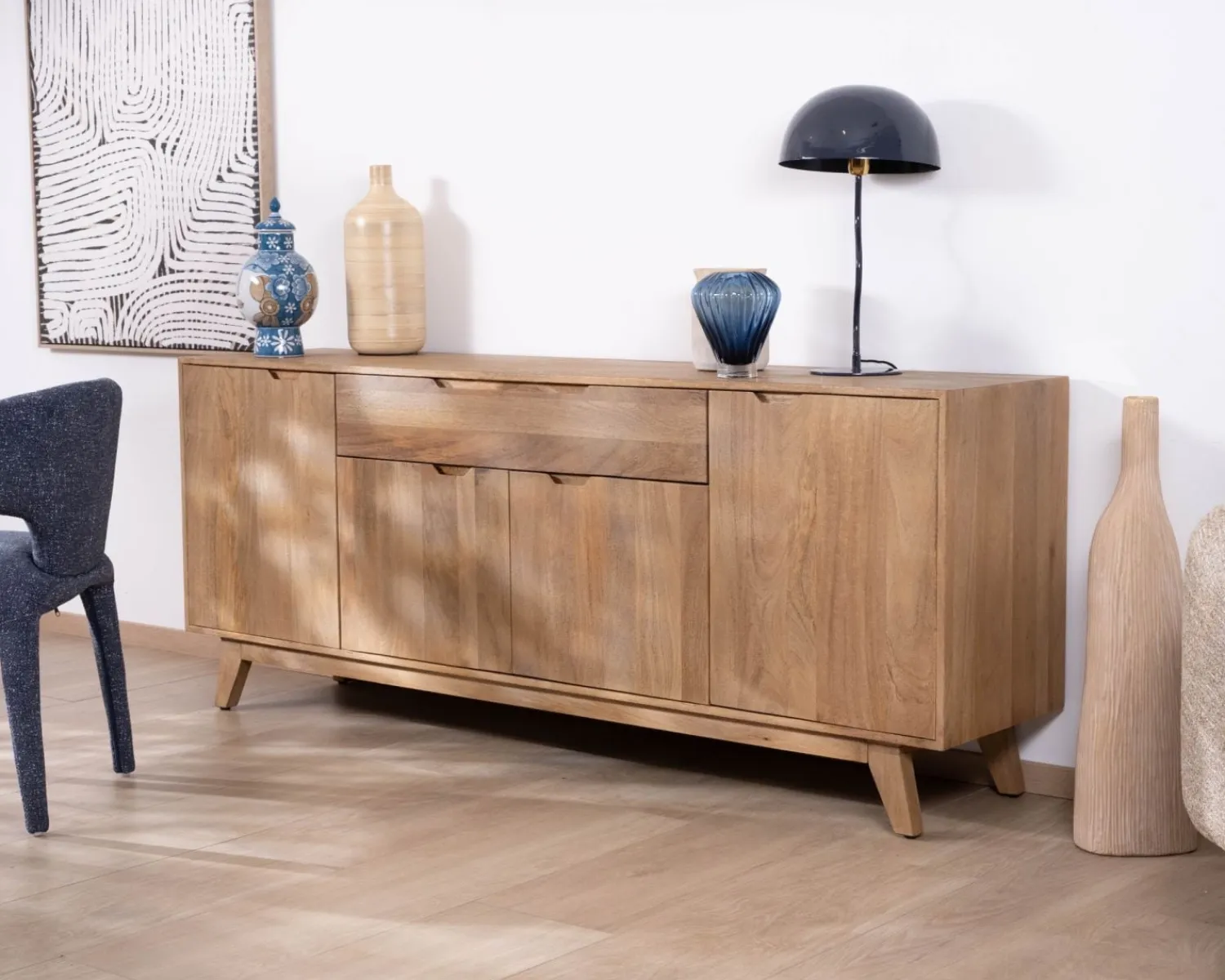 Meuble House Enfilade 4 portes 200 cm en manguier teinte noyer clair "Elyka" style scandinave Best
