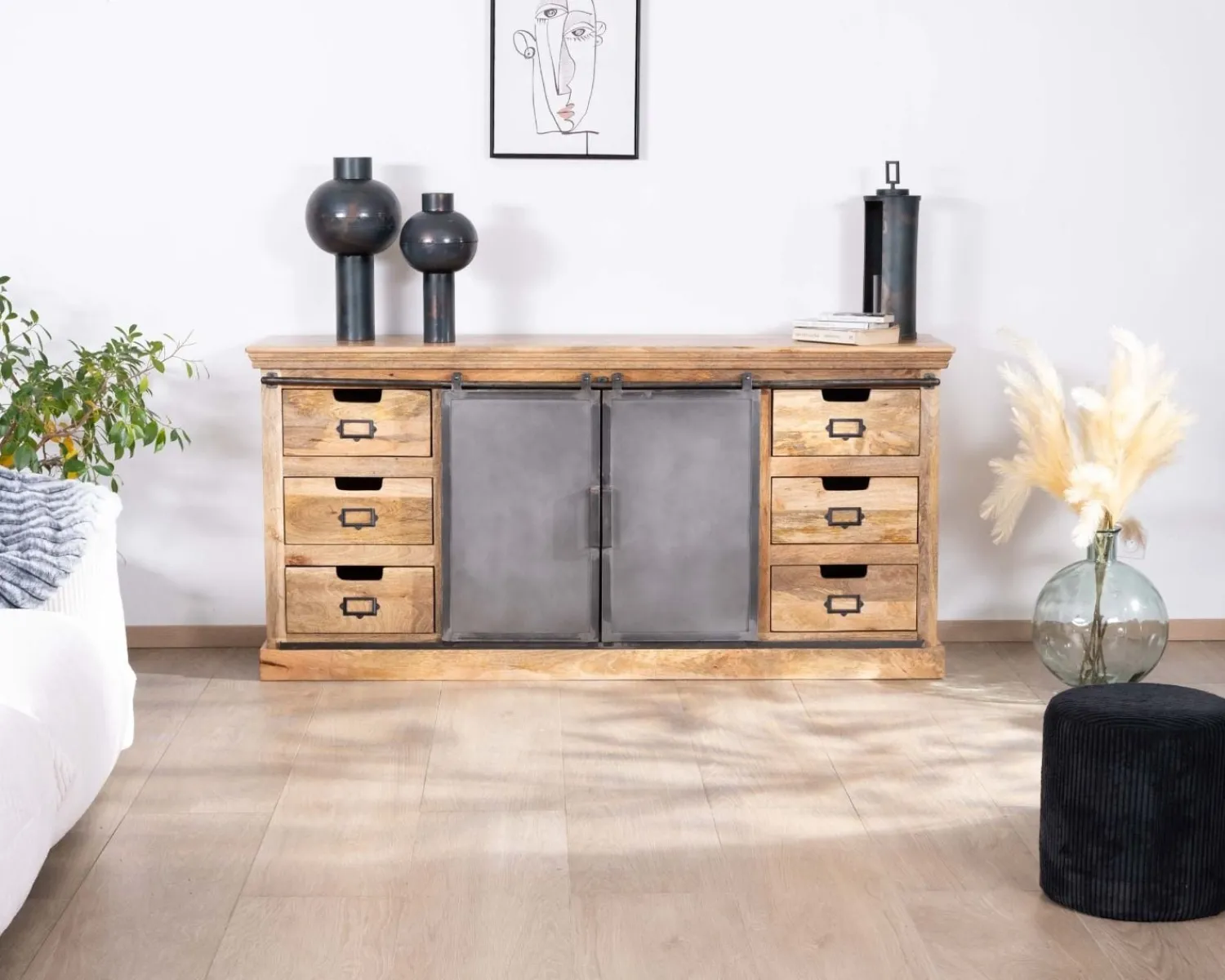 Meuble House Enfilade style factory en bois massif et métal "Haden" Outlet