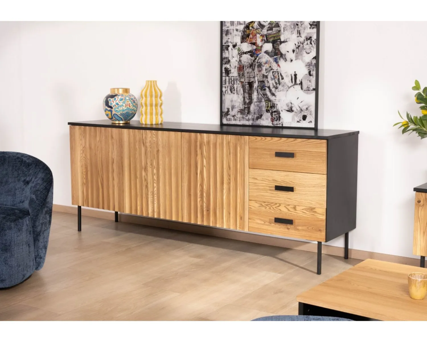 Meuble House Enfilade style newtro en frêne massif "Sydney" avec rangements et tiroirs Sale